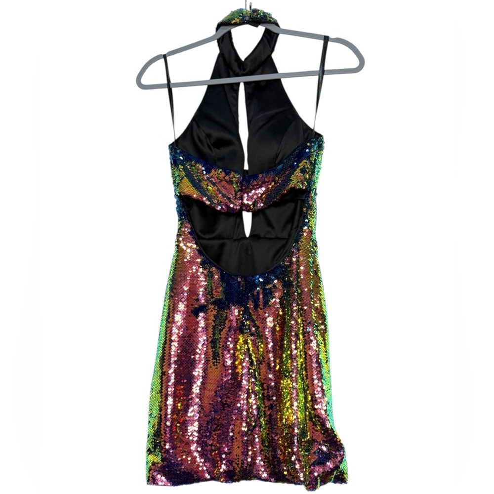 Rachel Allan Iridescent Sequin Halter Backless Mini Dress - Picture 3 of 6